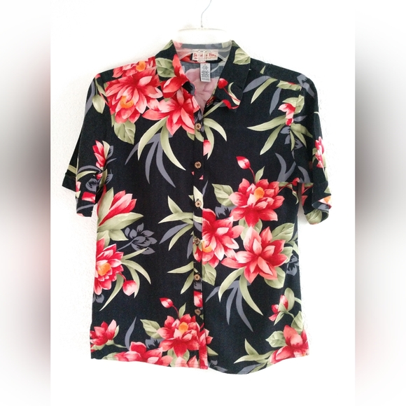 Jamaica Bay Tops - Pretty Jamaica Bay Women's Hawaiian Shirt Black Pink Size Small, Chest 32"